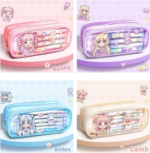 ITA Pencil Pouch Kawaii Large Capacity Pen Case : Cute Aesthetic Pencil Box Stationery Supplies for Teen Girls, 4 Included Highlighters (Pink)...