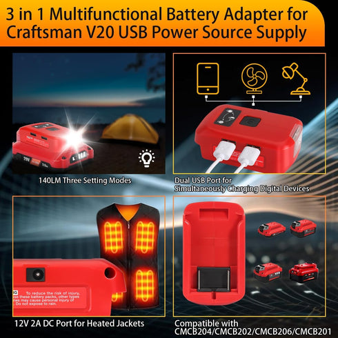 Battery Adapter USB Phone Charger Compatible with Craftsman V20 20V Lithium Battery,Aliarm Battery Converter Adapter USB Power Source with Dual US...