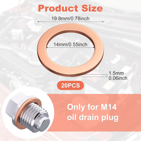 20PCS M14 x 1.5 Copper Red Oil Drain Plug Gasket 14mm Crush Washers Gasket Seal Ring Replacement Used for Sump Plugs, Water, Fuel and Hydraulic Fi...
