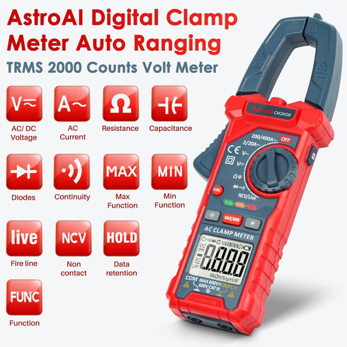 AstroAI Digital Clamp Meter Multimeter 2000 Counts Amp Voltage Tester Auto-ranging with AC/DC Voltage, AC Current, Resistance, Capacitance, Contin...