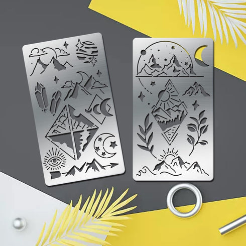 4 Pcs Metal Magic Mountains Stencils Reusable Metal Journal Stencil Moon Sun Pyrography Template for Wood Carving, Drawings and Woodburning, Engra...