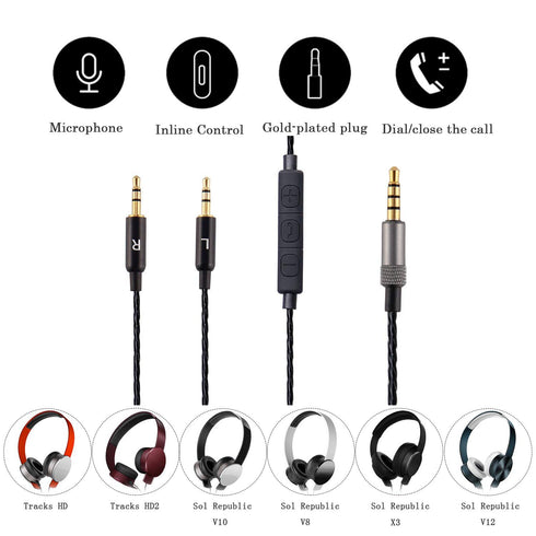 Replacement Cable Cord for Sol Republic Master Tracks HD/HD2/V8/V10/12/X3 (Remote Volume & Microphone Cable - Black)...