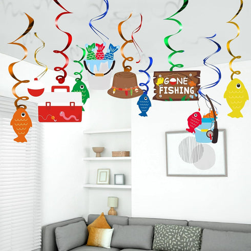 30CT Gone Fishing Party Decorations Fishing Banner Fish Hanging Swirl Ceiling Streamers Little Fisherman The Big One Baby Shower Photo Props Fishi...