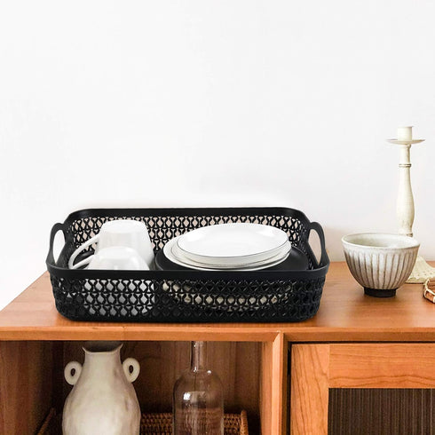 Large Plastic Storage Basket Tray with Handle, Black, Pack of 6...