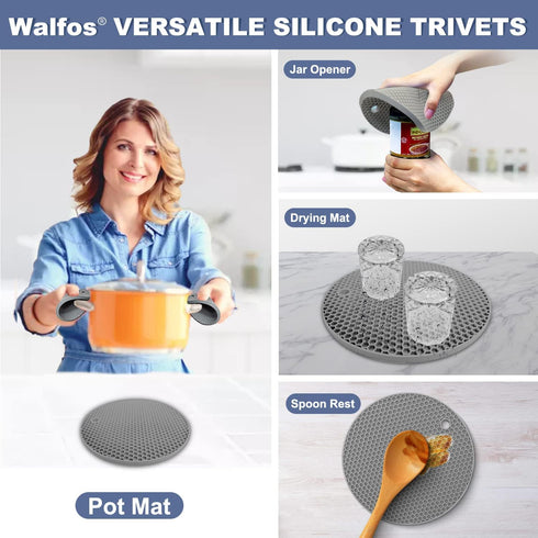 Walfos Silicone Trivet Mats - 4 Heat Resistant Pot Holders, Multipurpose Non-Slip Hot Pads for Kitchen Potholders, Hot Dishers, Jar Opener, Spoon ...
