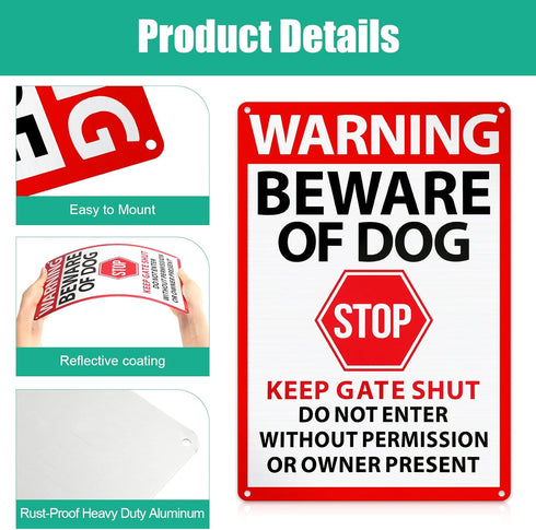 Blulu 4 Pcs Warning Beware of Dog Sign 10 x 7 Inch Do Not Enter Metal Signs No Trespassing Dog Sign Stop Keep Gate Closed Sign for Fence Door Gate...