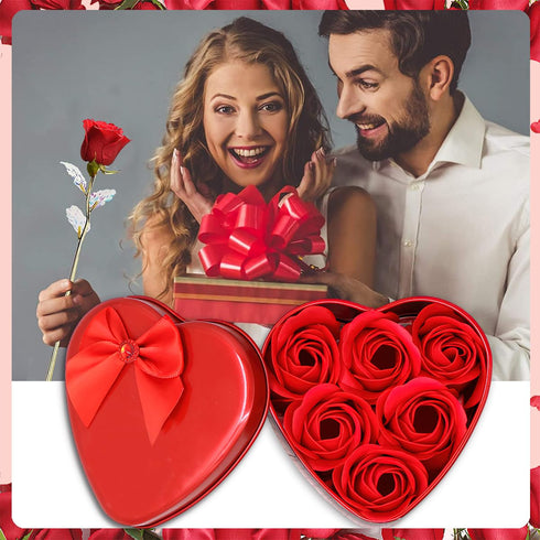 12Pcs Valentine's Day Red Floral Scented Bath Soap Rose Flower Petals for Red Heart-Shaped Box Artificial Rose Plant Essential Oil Rose Soap for W...