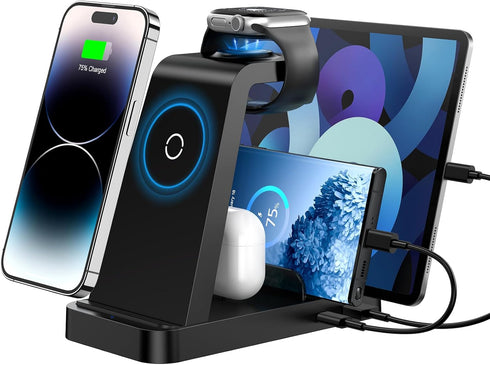 Wireless Charger for iPhone - 5 in 1 Charging Station for Multiple Devices Apple: Fast Wireless Charging Stand Dock for iPhone 15 14 13 12 Pro Max...