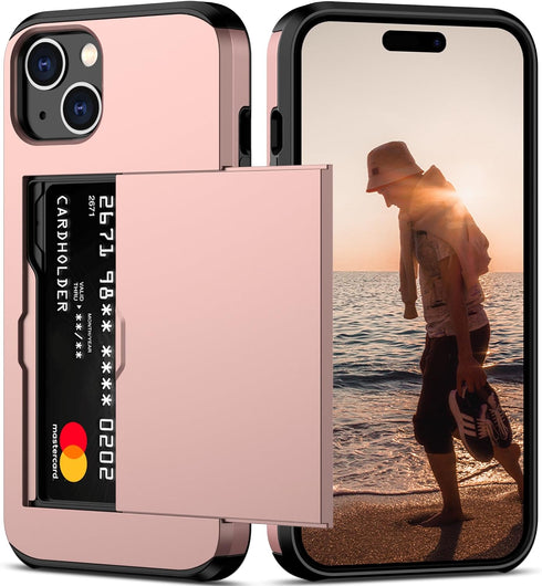 Nvollnoe Compatible with iPhone 15 Case with Card Holder Heavy Duty Protective Dual Layer Shockproof Hidden Card Slot Slim Wallet Phone Cover for ...