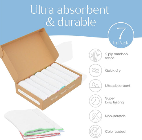 Premium Bamboo Cleaning Dish Cloths - 7 Pack | Reusable & Hygenic Ultra-Absorbent Washing Cloth For Home & Car | Ideal for Dusting, Kitchen, House...