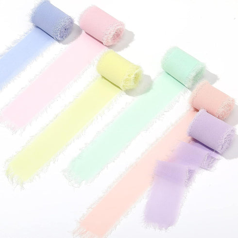 6 Rolls Handmade Fringe Chiffon Silk Ribbon 1.5" x 3 Yd Colorful Ribbon for Wedding Invitations, Bridal Bouquets, Gifts Wrapping, DIY Crafts (Maca...