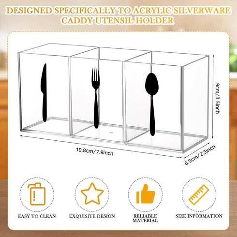 Acrylic Cutlery Storage Organizer Bin Clear Silverware Caddy Countertop Knife Spoon and Fork Holder Kitchen 3 Section Tableware Storage Box for Ca...