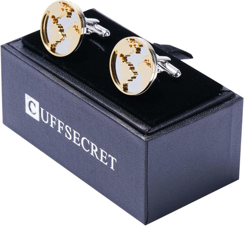 World Map Cufflinks - 3D Cut Stainless Steel with Gold Accents (Cufflinks Box Included)...