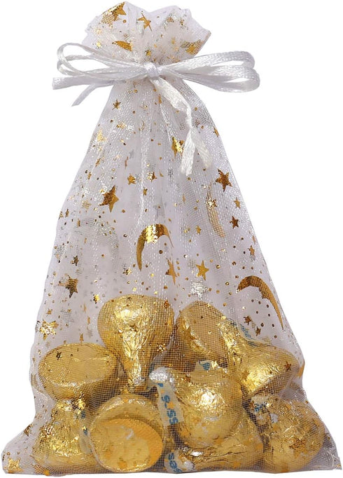 100Pcs 4x6 Inches Sheer Organza Drawstring Pouches Stars and Moon Wedding Party Favor Jewelry Candy Gift Bags (White)...