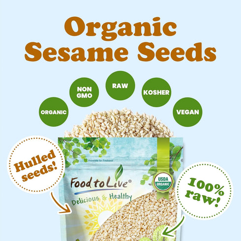 Food to Live Organic Hulled Sesame Seeds, 8 Ounces – Whole Raw White Sesame Seeds, Non-GMO, Kosher, Vegan, Unroasted, Bulk. High in Iron, and Calc...