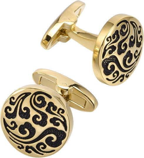 Engraved Lucky Clouds Pattern Cufflinks for Men Chinese Feng Shui Auspicious Totem Round Silver Golden Men's Cufflinks Jewelry for Wedding Party B...
