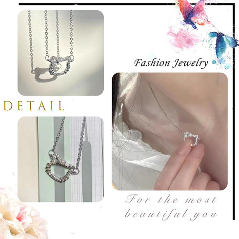 Diamond Cat Necklace Sterling Silver Cute Pearl Cubic Zirconia Kitten Pendant Necklace Funny Cartoon Animal Cat Necklace Chain Jewelry Gifts for W...