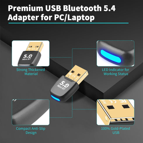 Latest Bluetooth 5.4 USB Adapter for PC Laptop, 20M Range Wireless Transmitter Dongle for Computer Desktop Windows 11 10 8.1 7, Plug n Play, Pair ...