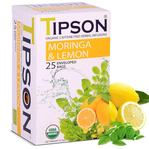 Tipson Organic Moringa Caffeine Free Herbal Tea - Lemon Flavor - 25 Premium Double Chambered Bags - Superfood - Keto/Paleo...