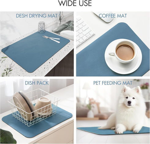 Drying Mat for Kitchen Countertops, Coffee Mat Hide Stain Rubber Backed Absorbent Dish Drying Mat (Blue, 12"x16")...
