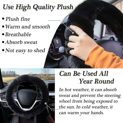 4PCS Set Fluffy Steering Wheel Covers with Handbrake Cover&Gear Shift Cover&Plush Keychain Furry Steering Wheel Cover for Women Girl Fashion Warm ...