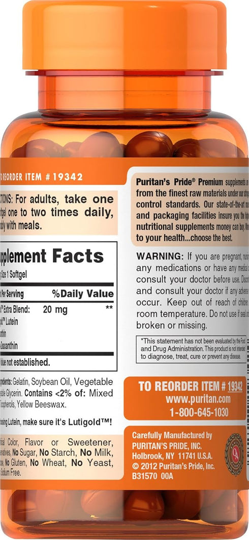 Puritan's Pride Healthy Eyes Lutigold Extra - 60 Soft Gels - Lutein with Meso-zeaxanthin and Zeaxanthin...