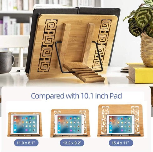 XL Large Size Bamboo Book Stand Cookbook Holder Reading Desk Bookrest with 5 Adjustable Height, Foldable Tray and Page Paper Clip Portable Sturdy ...