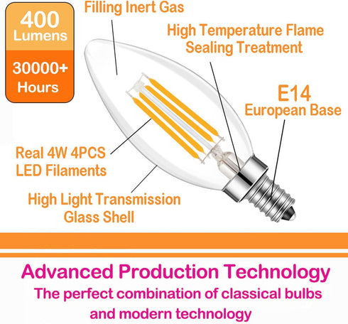 E14 Base LED Filament Candle Shape Light Bulb,E14 European Base Bulb,Warm White 2700K 400LM 40W Equivalent,C35 Clear Glass Torpedo Shape Bullet To...