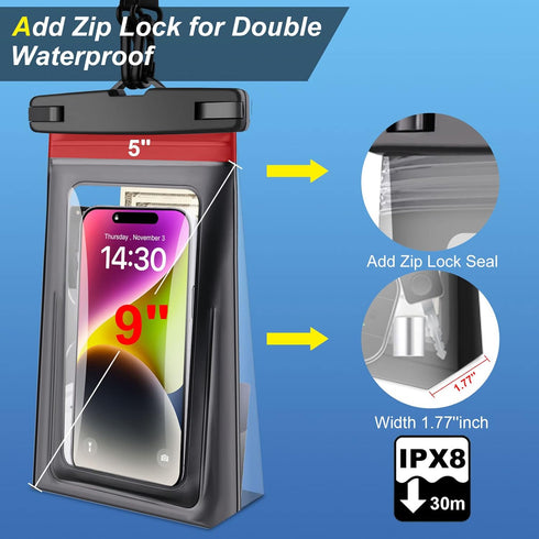 Waterproof Phone Pouch and Bag, 2024 Cruise Ship Essentials, Boat Kayak Accessories 2 Pack 9" Water Proof Case Floating for iPhone 15 14 13 12 11 ...