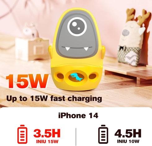 ANNSKIN Wireless Charger Mount 15W Cute Dinosaur Fast Charging Car Phone Holder Stand Silicone Anti-Slip Desk Phone Stand Compatible with iPhone S...
