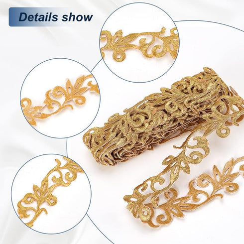 NBEADS 4.37 Yards Gold Embroidery Polyester Ribbons, 1.3 Inch Wide Adhesive Goldenrod Lace Trim Iron on Metallic Flower Lace for Sewing Costumes G...