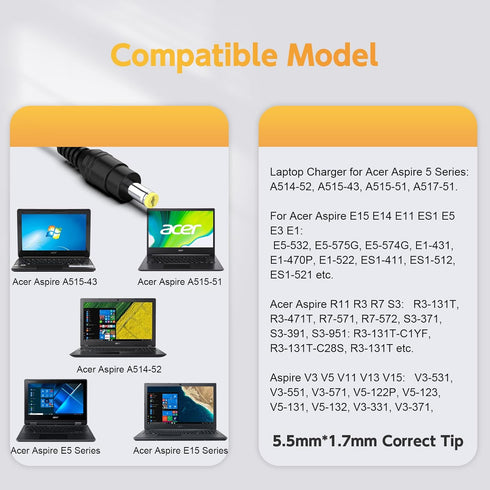 65W Charger Compatible with Acer Aspire 5 Laptop; A515-43, A515-51, A514-52; A515-43-R19L, A515-43-R5RE, A515-51-58HD, A515-51G-84SN, A515-52-78MD...