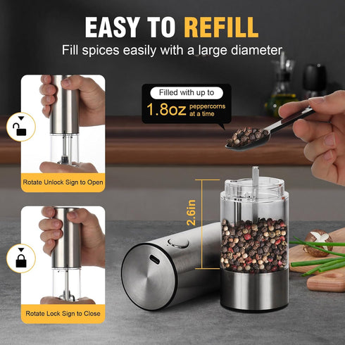 Electric Salt and Pepper Grinder, Rechargeable Automatic Pepper Mill with Type-C Cable, Adjustable Coarseness with Bright LED Light, 1.8oz Capacit...