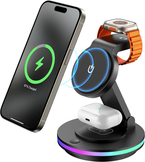 Facbiny 3 in 1 Wireless Charging Station for Multiple Devices, Rotatable & Foldable Magsafe Charger Stand with Night Light & 20W Adapter for iPhon...