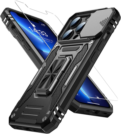 MERRO for iPhone 13 Pro Case with Screen Protector,Sliding Camera Cover,Military-Grade Cover with Magnetic Stand Phone Case 6.1" Black...