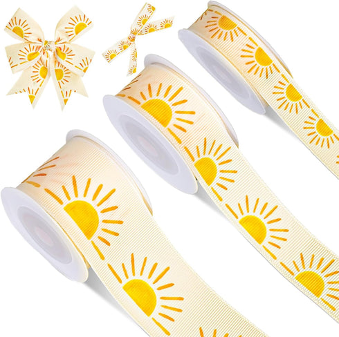 3 Roll Boho Sun Grosgrain Ribbon Sunshine Ribbon for Wreath Bow Craft Gift Wrap Party Decor, 15 Yards...