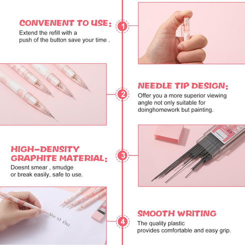 Pink Peach Mechanical Pencil Set, 4pcs Cute Mechanical Pencils with A Tube of 0.5MM Pencil Refills & Top Erasers Aesthetic School Supplies Back to...