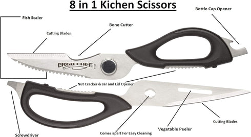 Ergo Chef All-Purpose Come-Apart Kitchen Shears for Poultry, Fish, Vegetables, Herb Stripper, Bottle Opener (Black)...