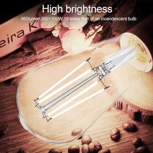 8W LED Light Bulb Edison Bulbs 100 Watt equivalent, Vintage ST58 Dimmable LED Bulbs Bright 960Lumens, E26 Medium Base Antique Clear Glass Filament...