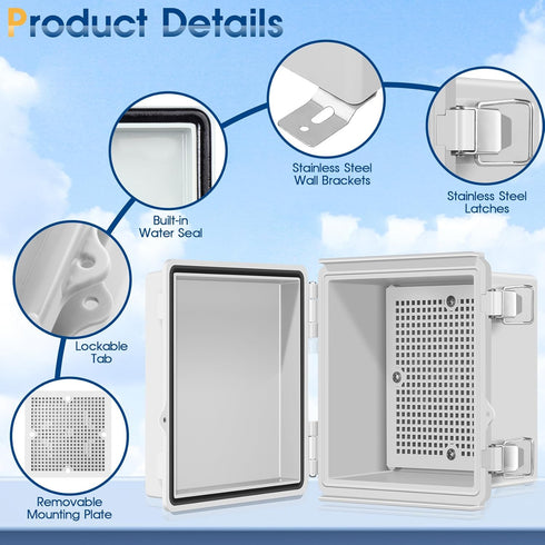 Waterproof Outdoor Project ABS Plastic Junction Box IP67 Weatherproof Dustproof Enclosure with Hinged Cover, Mounting Plate,Wall Brackets for Powe...