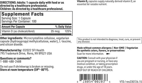 Klaire Labs Vitamin D3 1000 IU - High Potency 25 Micrograms, Hypoallergenic Bone & Immune Support (100 Capsules)...