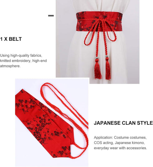 Amosfun Women Kimono OBI Belts Japanese Style Embroidered Waist Bands Waist Belt with Tassel for Yukata Robe Accessories Red...