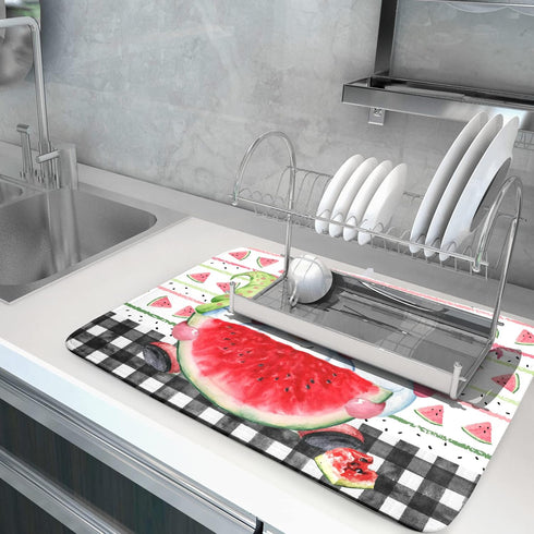 Summer Gnomes Dish Drying Mat 18x24 Inch ,Watermelon Fruit Buffalo Plaid Kitchen Dry Mats with Loop Absorbent Foldable Dishes Pad for Sink Counter...
