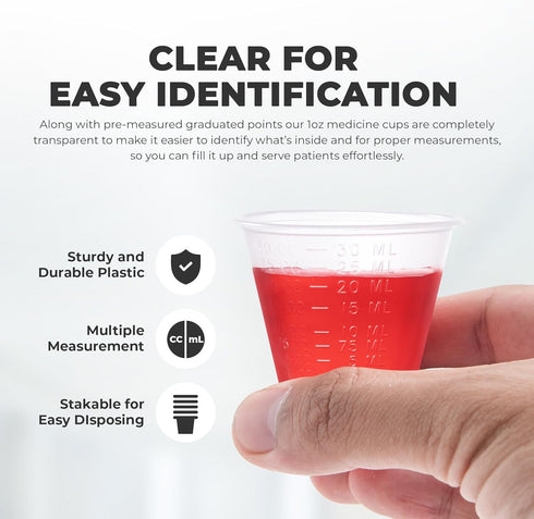 Graduated 1 oz. Plastic Medicine Cups, Detailed Liquid Measurements for Medications, Clear Containers, Disposable or Reusable, Supports Adults and...