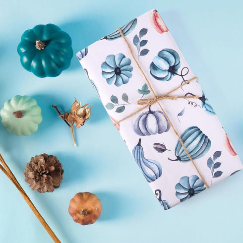 100 PCS Blue White Pumpkin Tissue Paper for Gift Wrapping, Pumpkin Pattern Tissue Paper for Blue White Thanksgiving Fall Harvest Party Decor Decou...