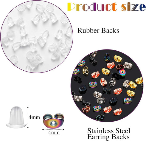 200 Pieces Stud Earring Kit, Including 50 Pieces 12 mm Stainless Steel Blank Stud 50 Rubber Back, 50 Pieces 12 mm Clear Glass Cabochons 50 Stainle...