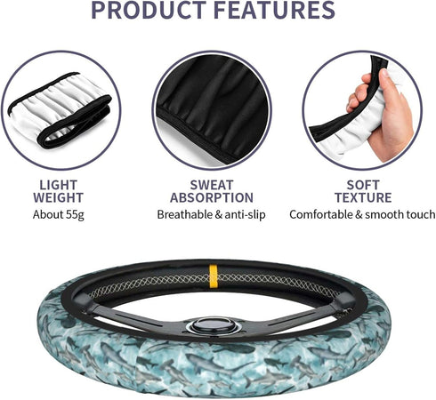 KiuLoam Watercolor Ocean Sharks Car Steering Wheel Cover, Universal Fit 15 Inch Steering Wheel Cover Protector for SUV Sedan Vans Trucks for Women...