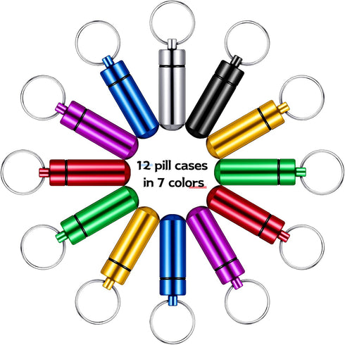 12 Pieces Portable Pill Case First Aid Pill Container Mini Pill Container Waterproof Aluminum Keychain Pill Case Keychain for Medications, Vitamin...