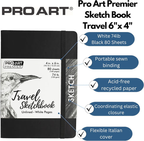 Pro Art Premier Sketch Book Travel 6"x 4" White 74lb Black 80 Sheets, Sketch Book, Sketchbook, Drawing Pad, Sketch Pad, Drawing Paper, Art Book, D...