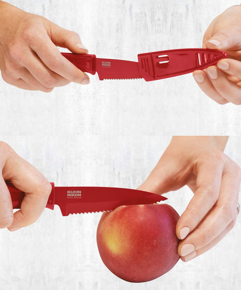 Kuhn Rikon COLORI Non-Stick Serrated Paring Knife with Safety Sheath, 4 inch/10.16 cm Blade, Red...